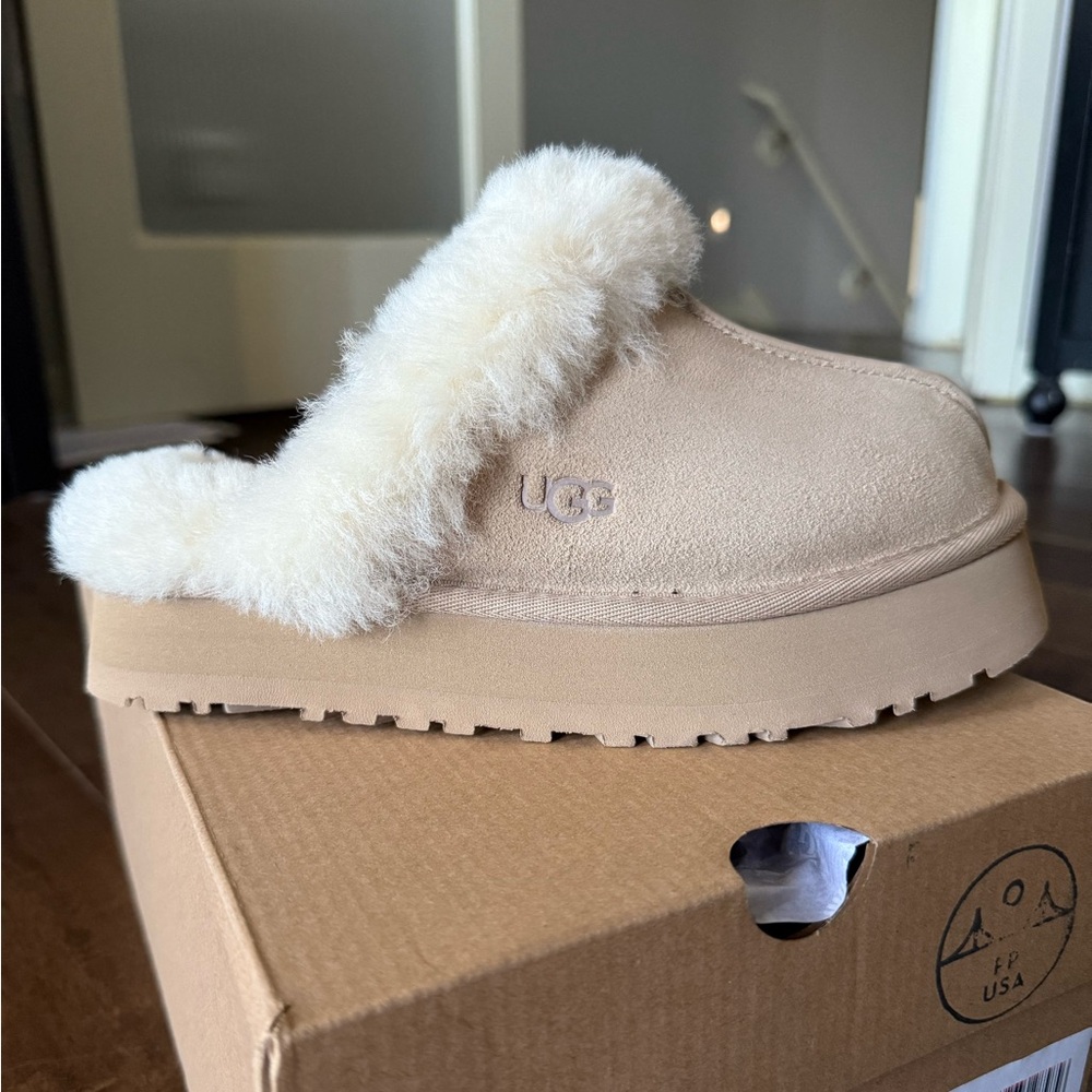 UGG Beige Suede Slippers with Cream Fur